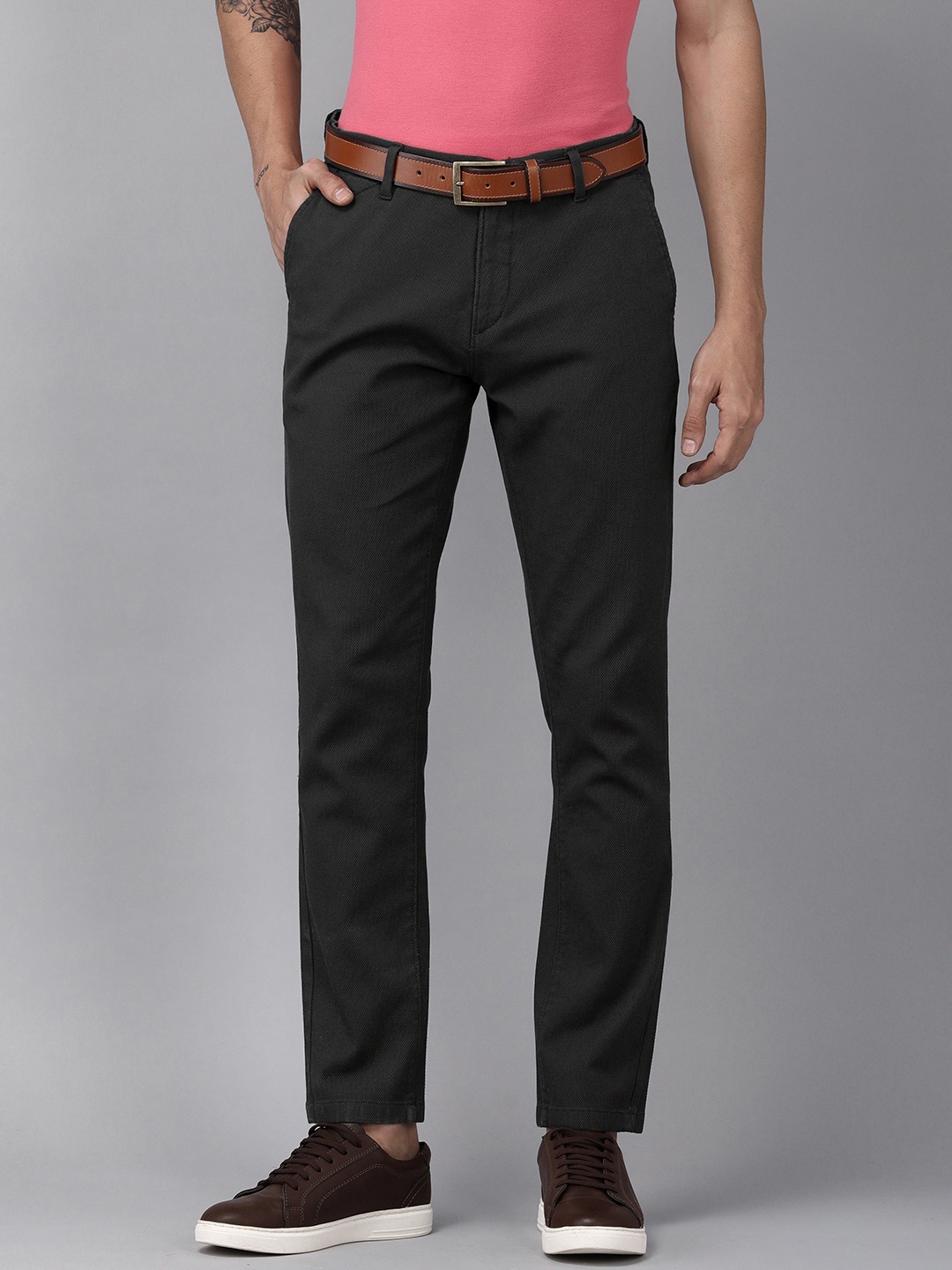 

U.S. Polo Assn. Men Charcoal Grey Self-Design Austin Trim Fit Regular Trousers