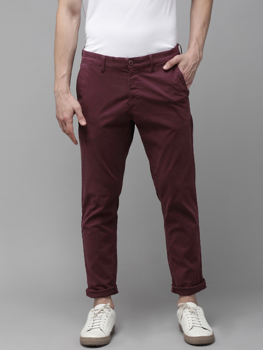 

U S Polo Assn Men Maroon Solid Cross Pocket Trim Fit Trousers