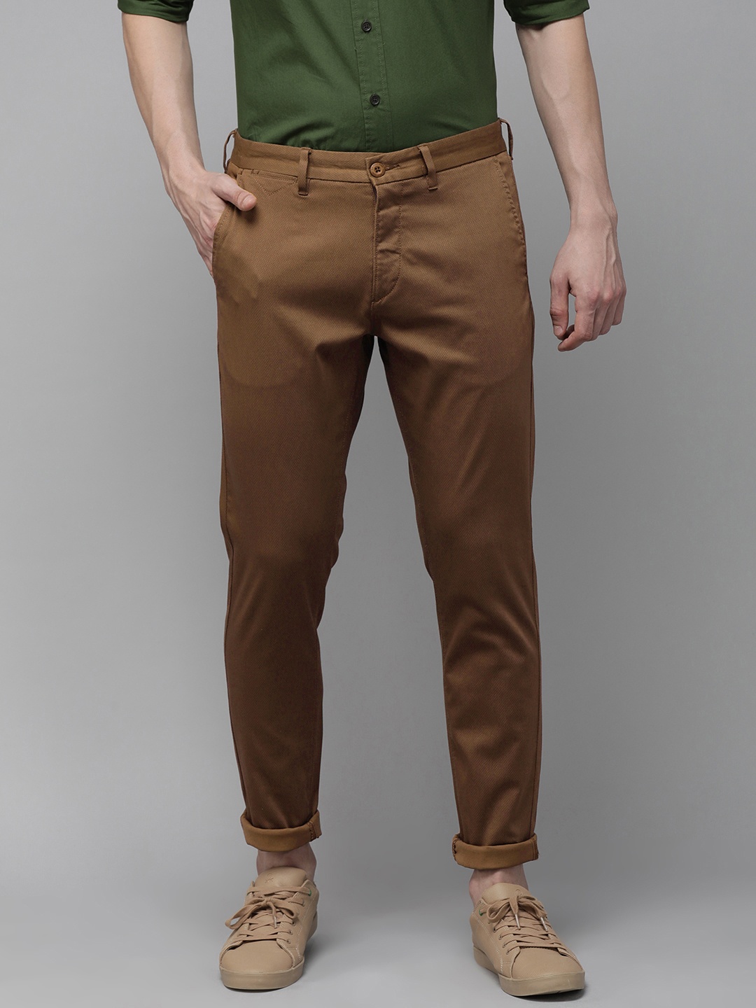 

U S Polo Assn Men Brown Solid Cross Pocket Trim Fit Trousers