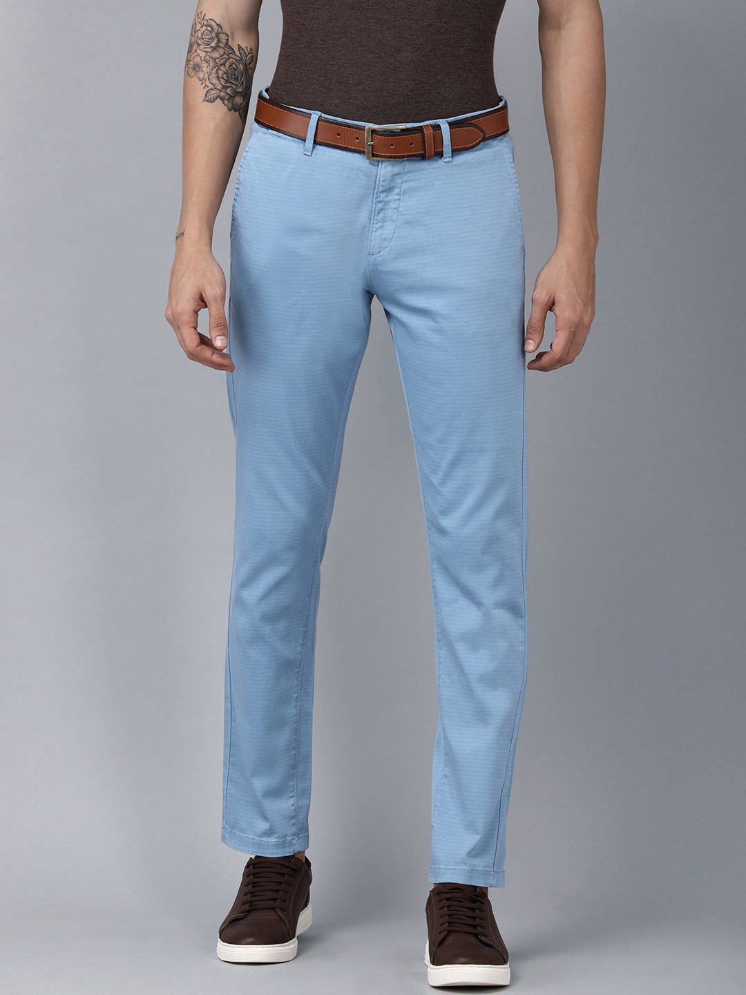 

U S Polo Assn Men Blue Self Design Mid-Rise Regular Trousers