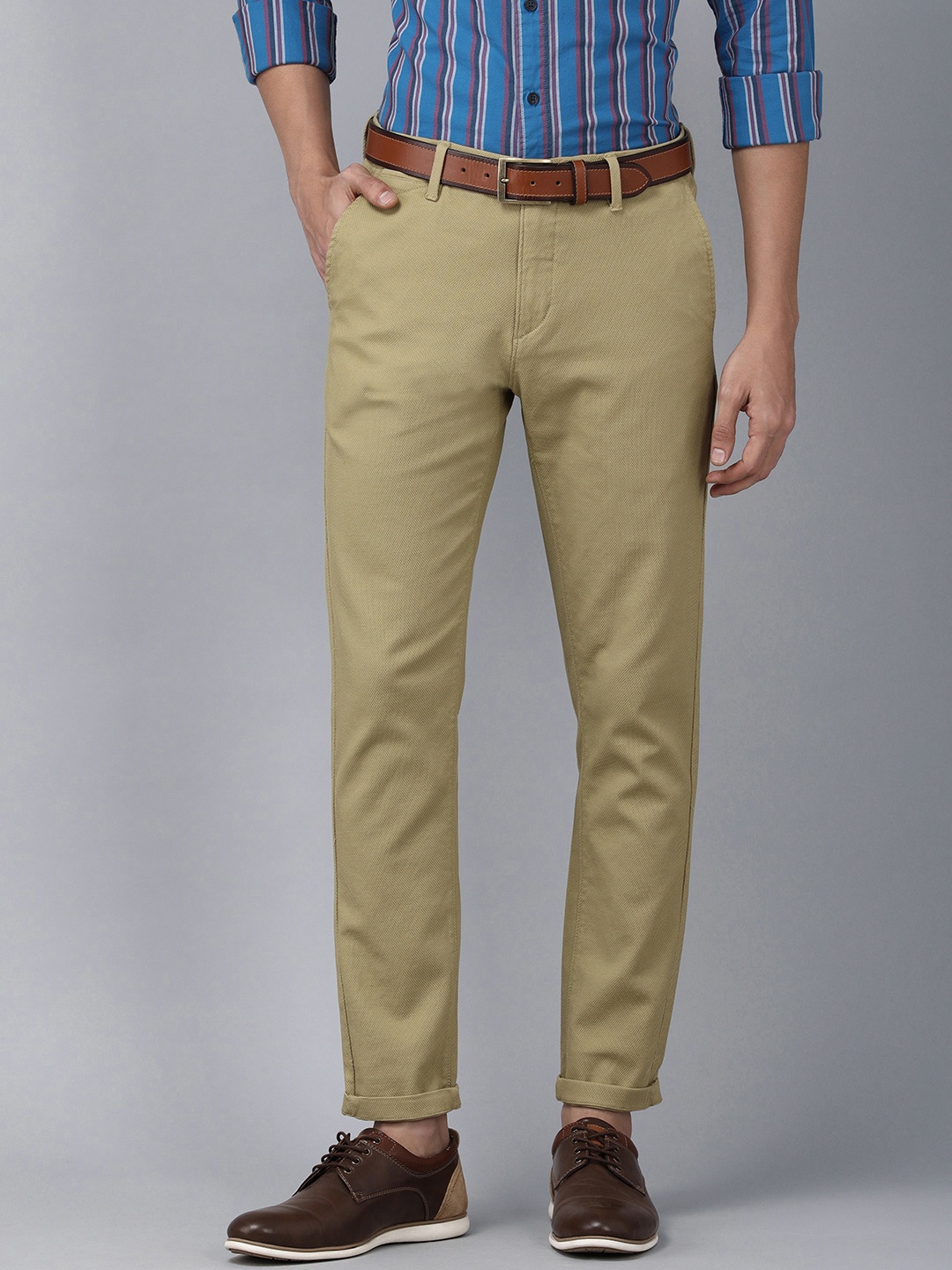 

U S Polo Assn Men Khaki Self Design Mid-Rise Regular Trousers