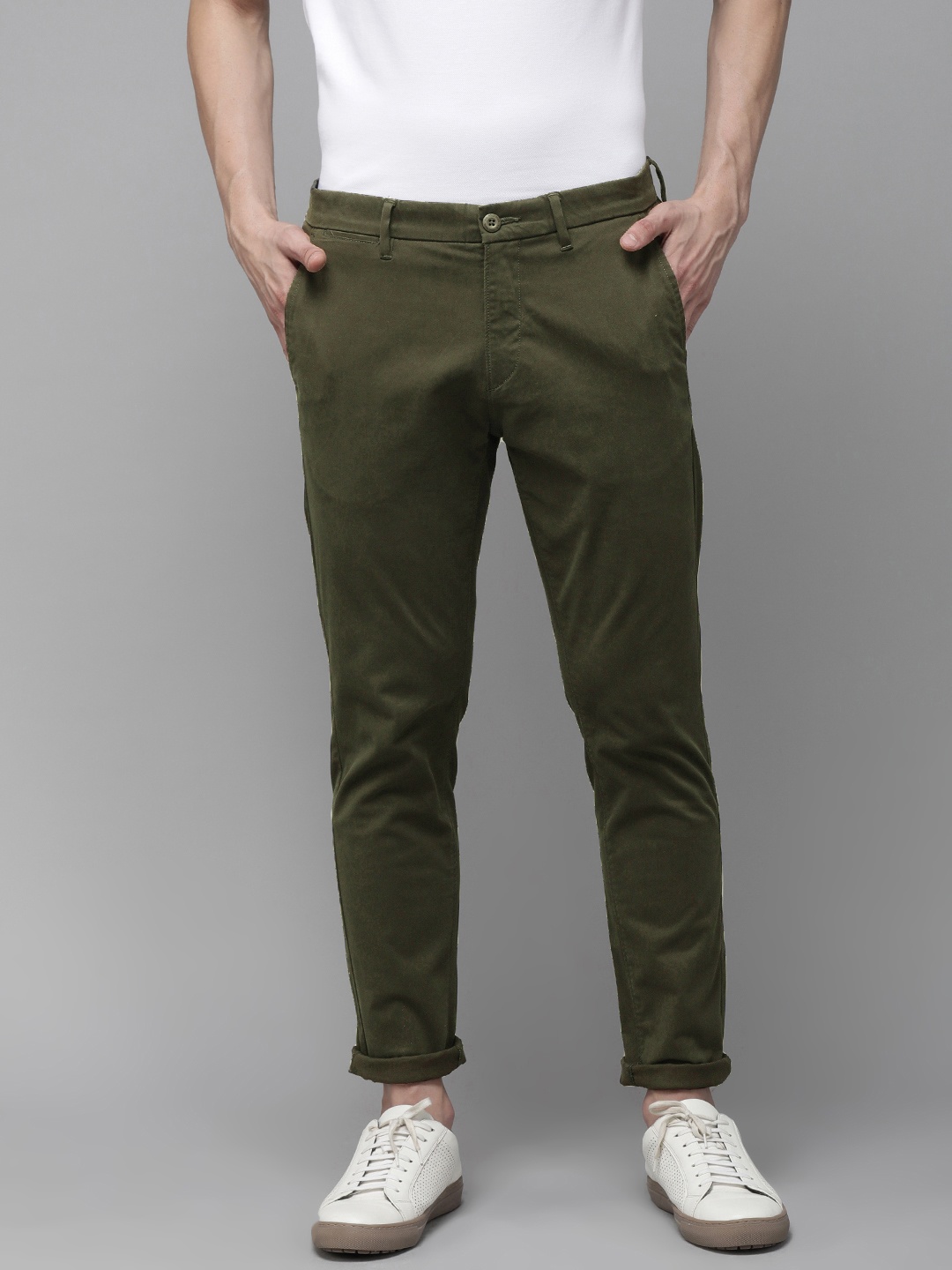 

U S Polo Assn Men Olive Green Solid Cross Pocket Trim Fit Trousers