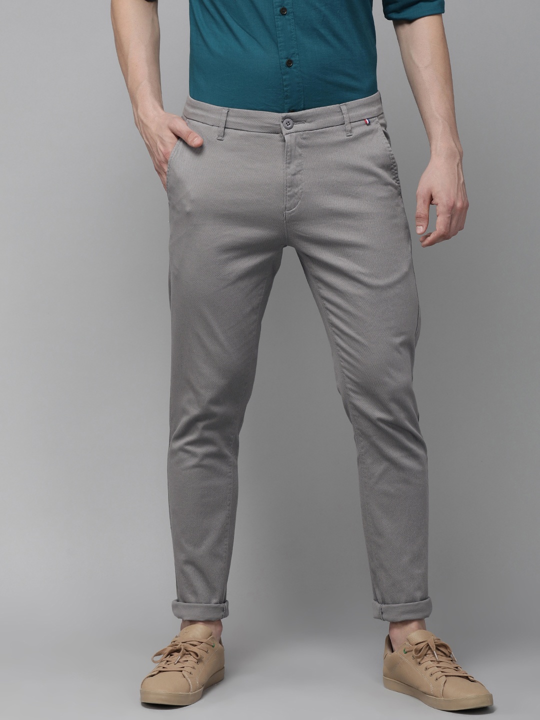 

U S Polo Assn Men Grey Solid Cross Pocket Trim Fit Trousers