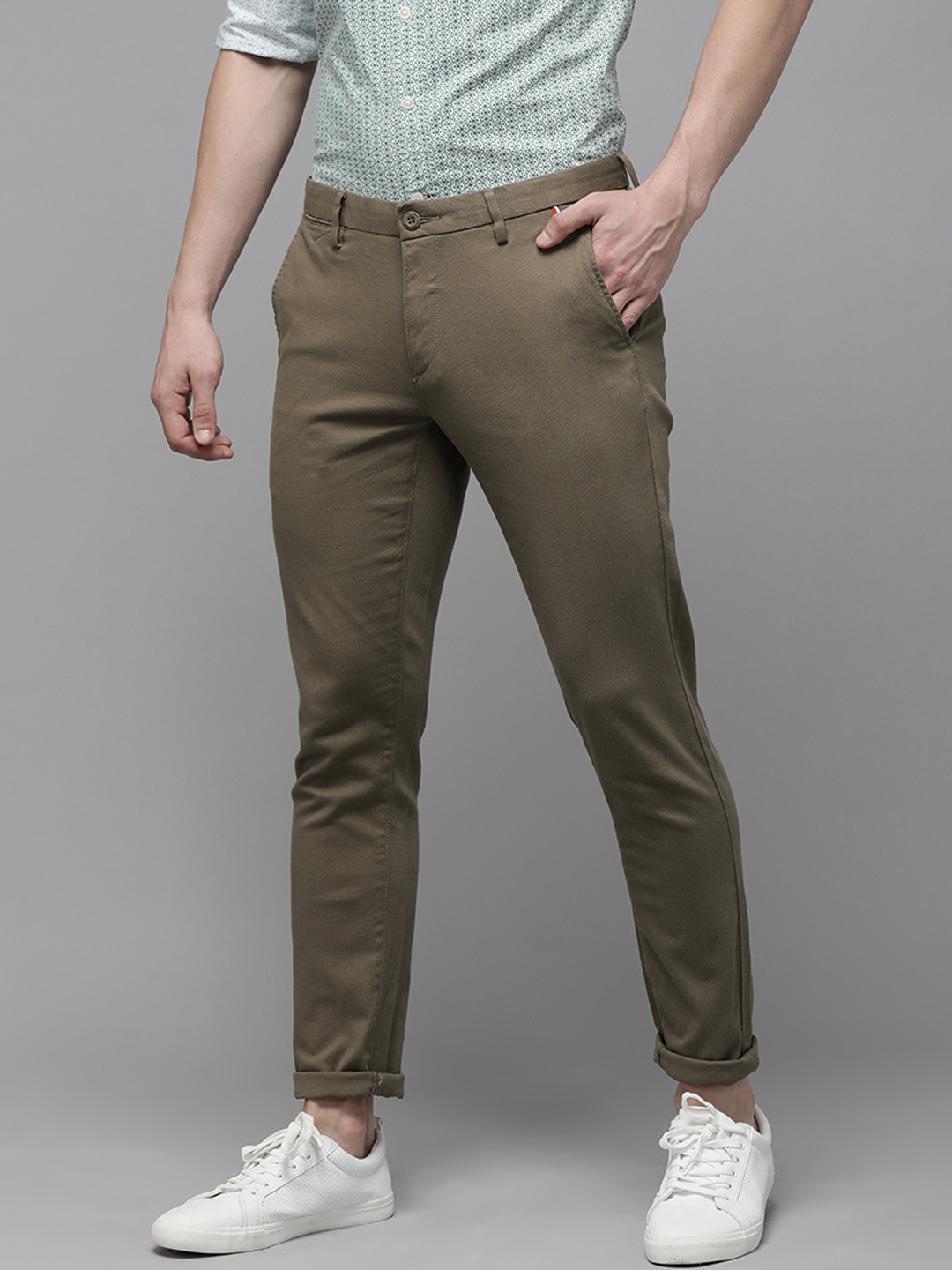 

U S Polo Assn Men Olive Green Solid Trim Fit Casual Trousers