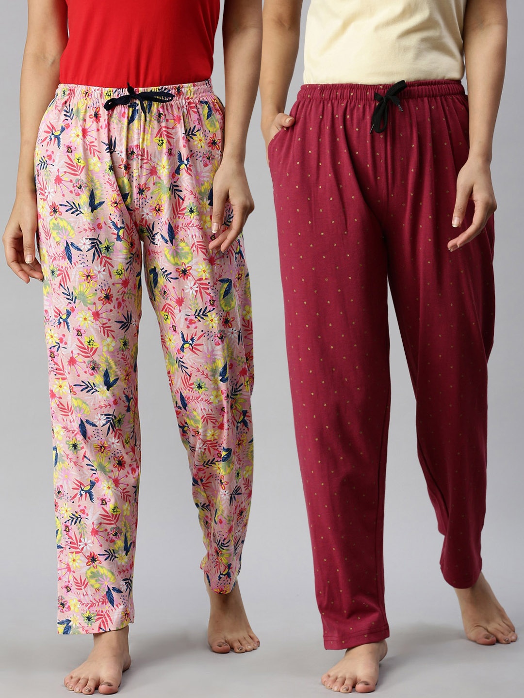 

Kryptic Women Pack Of 2 Printed Pure Cotton Lounge Pants, Pink