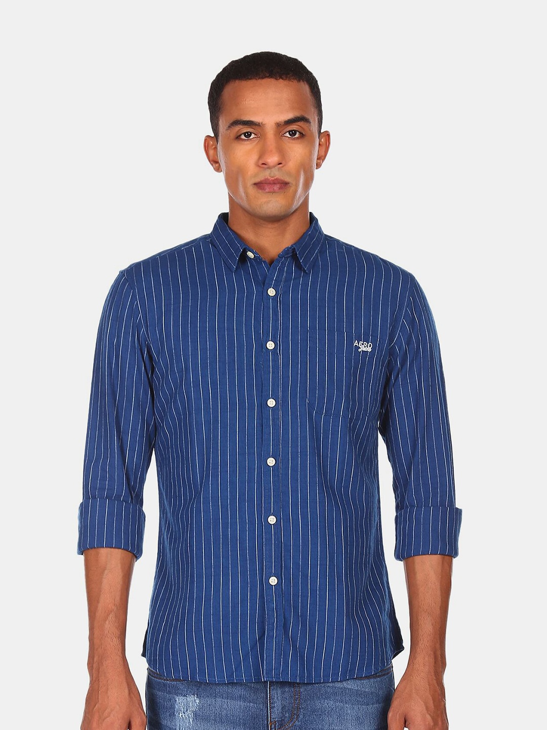 

Aeropostale Men Blue Opaque Striped Casual Shirt