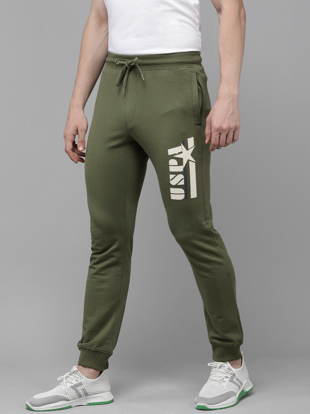 

U.S. Polo Assn. Denim Co. Men Olive Green Brand Logo Printed Slim Fit Joggers