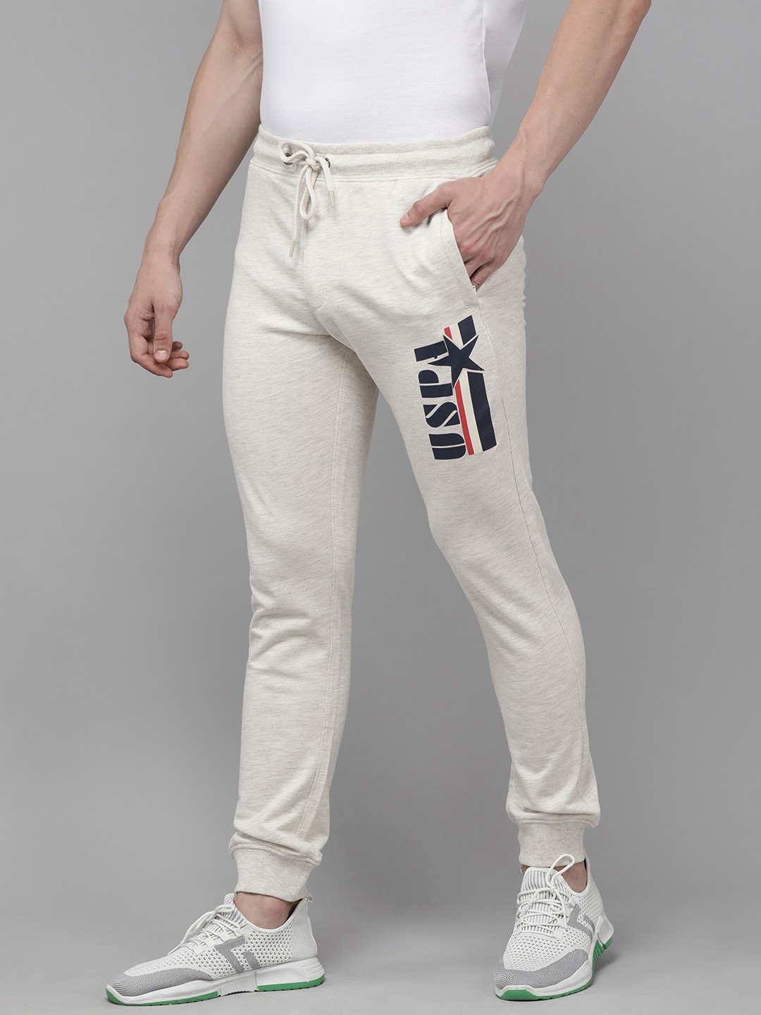 

U.S. Polo Assn. Denim Co. Men Grey Melange Brand Logo Printed Slim Fit Joggers