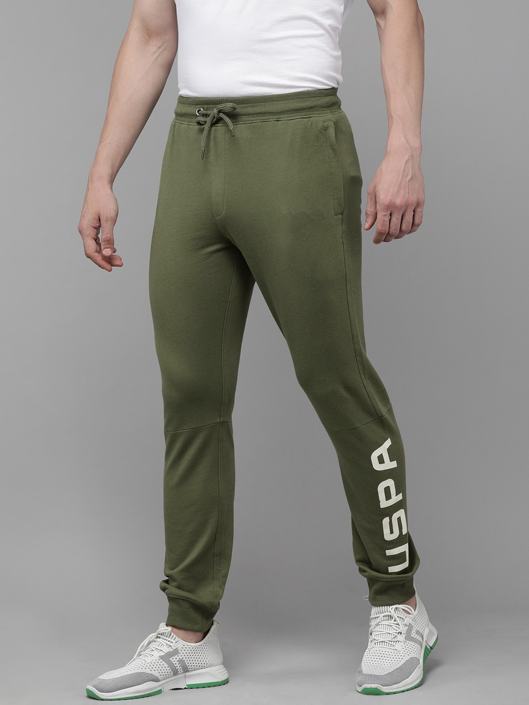 

U.S. Polo Assn. Denim Co. Men Olive Green Brand Logo Printed Slim Fit Joggers