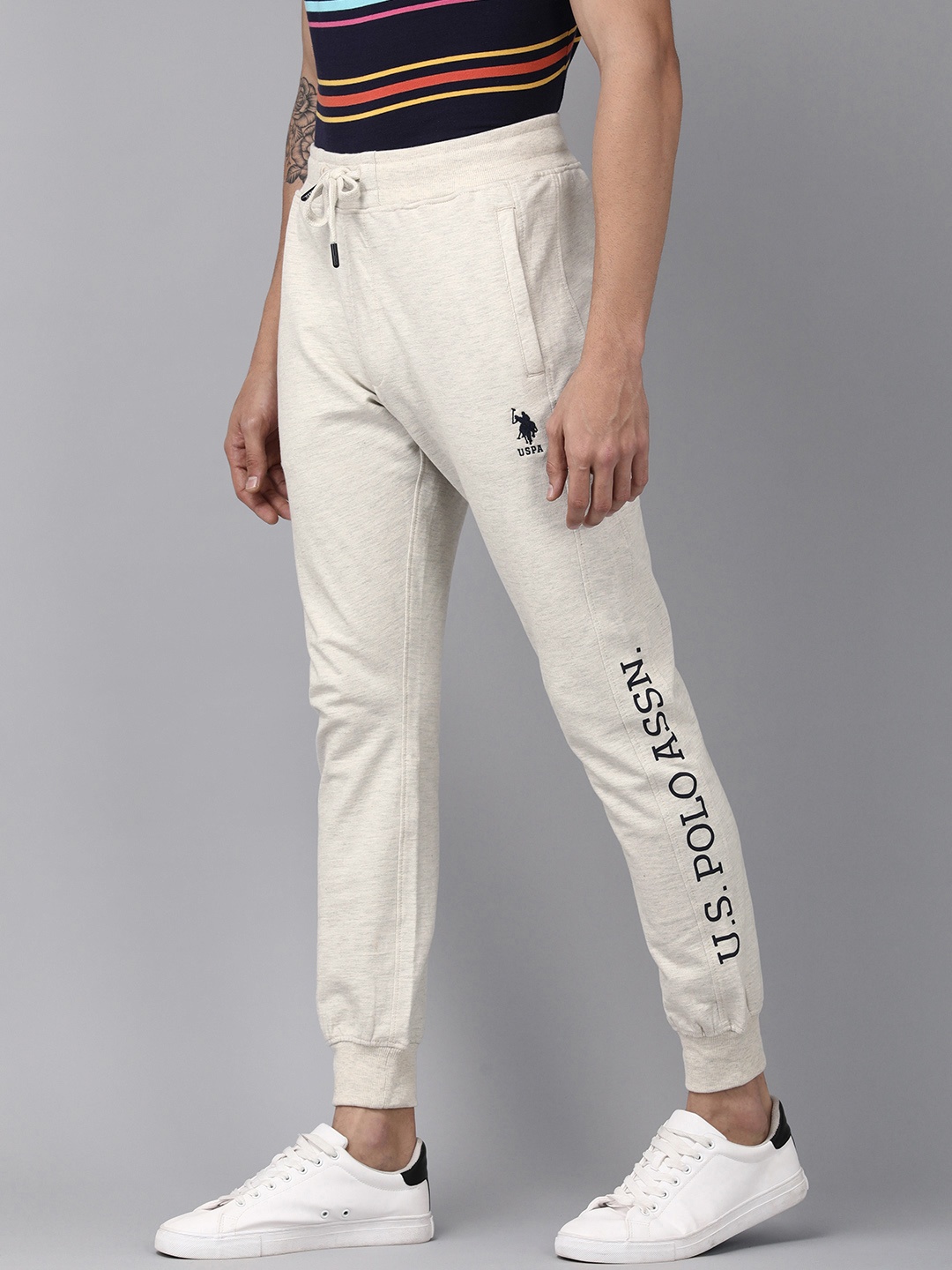 

U.S. Polo Assn. Men Off White Brand Logo Printed Slim Fit Mid-Rise Regular Joggers