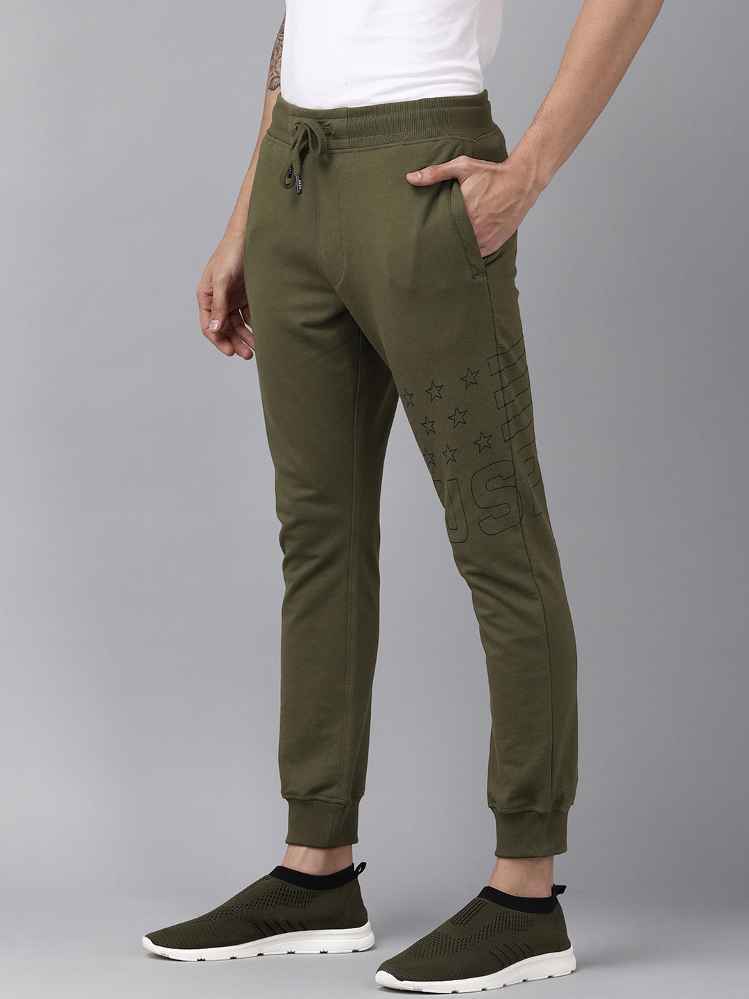 

U.S. Polo Assn. Men Olive Green Brand Logo Printed Slim Fit Mid Rise Joggers