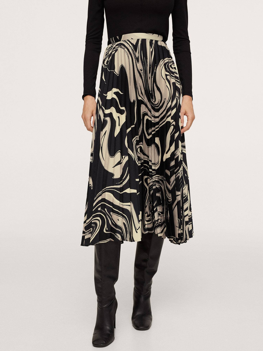 

MANGO Women Black & Beige Abstract Print High-Waist Accordion Pleated Midi Skirt
