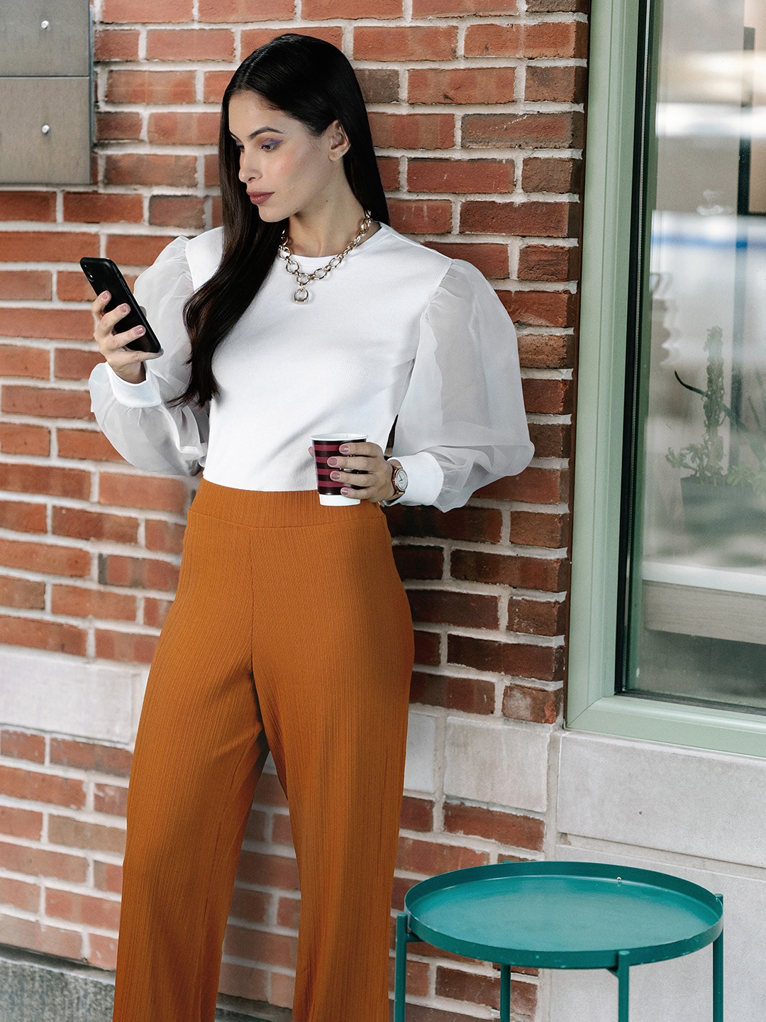 

MANGO Women Rust Brown Ribbed Flared Trousers
