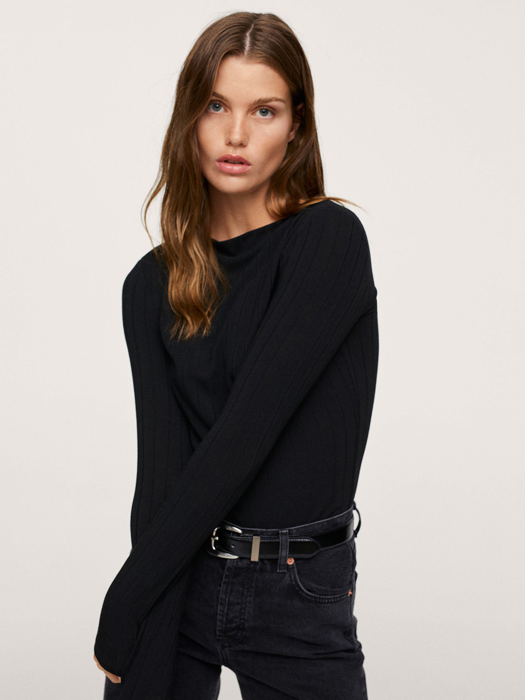 

MANGO Women Black Ribbed High Neck T-shirt