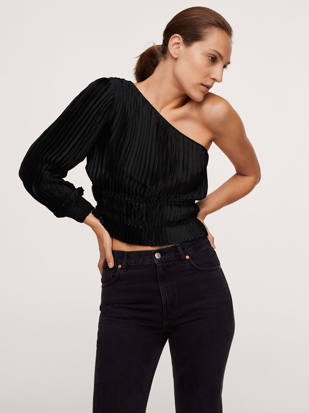 

MANGO Women Black One Shoulder Accordion Pleated Top