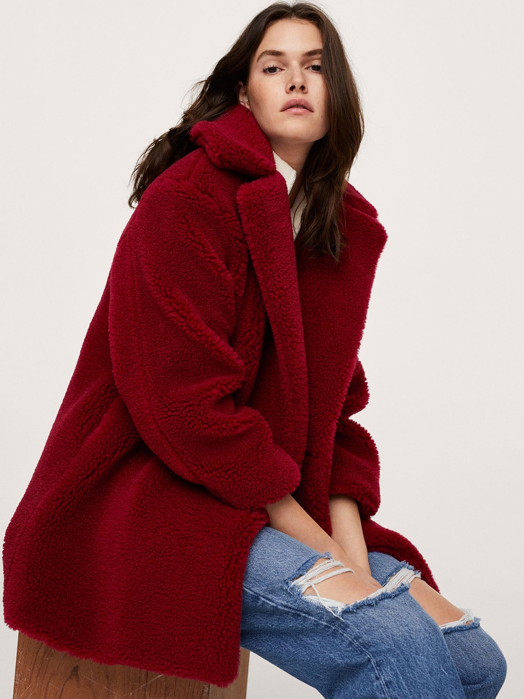 

MANGO Women Red Solid Sherpa Overcoat