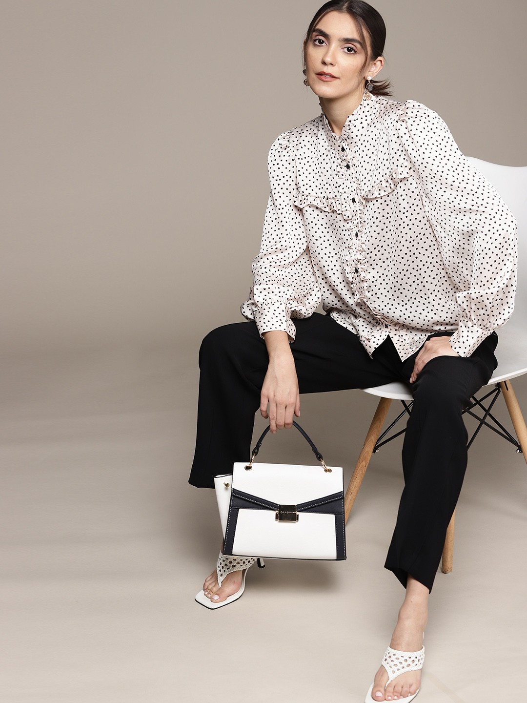 

MANGO Women Off White & Black Polka Dots Printed Casual Shirt