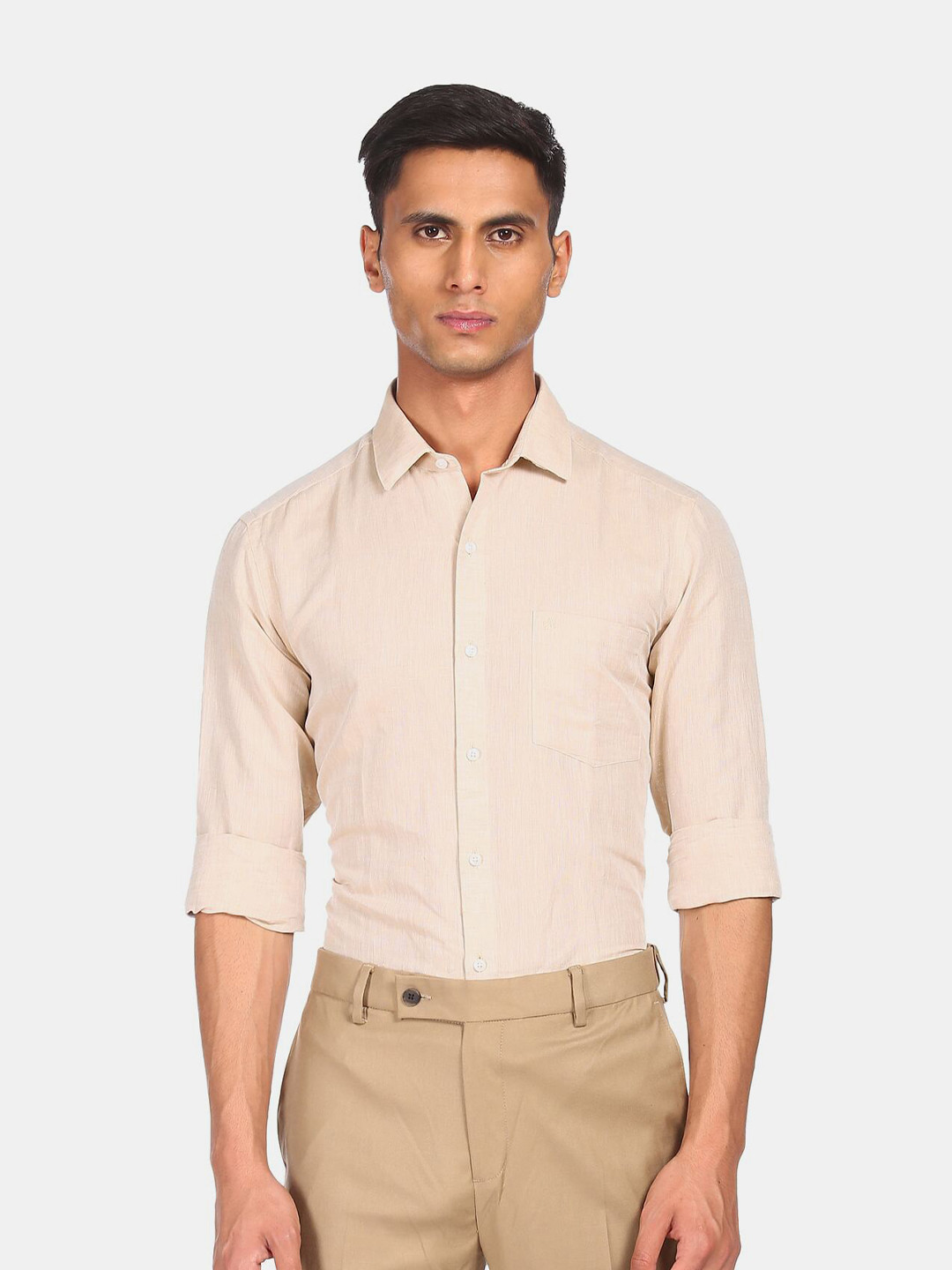 

Arrow Men Beige Slim Fit Opaque Striped Casual Shirt