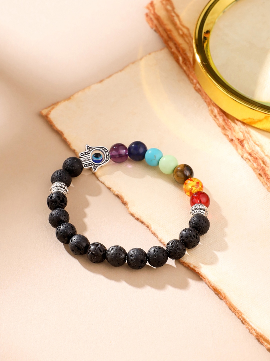 

Yellow Chimes Women Black & Blue 7 Chakra Evil Eye Lava Stone Bracelet