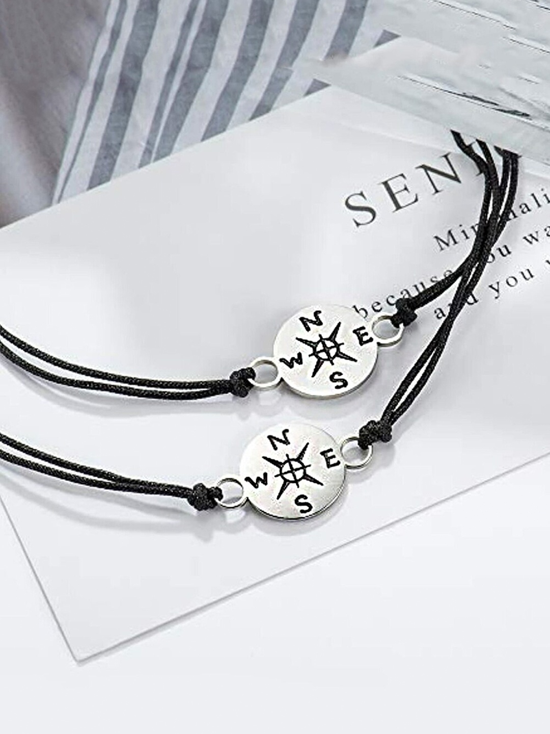 

Yellow Chimes Unisex 2 Black & Silver-Toned Leather Charm Bracelet