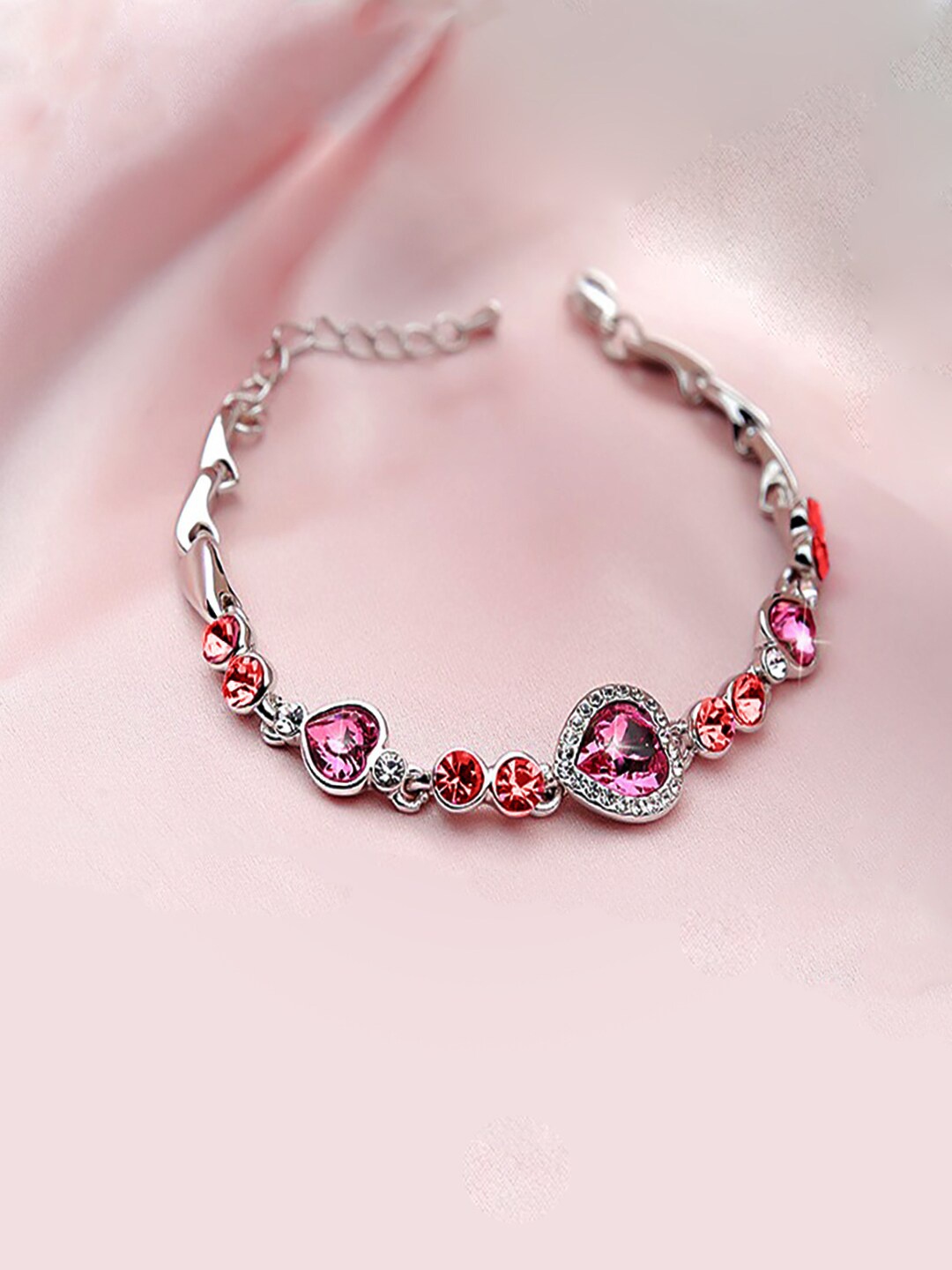 

Yellow Chimes Women Pink & Silver-Plated Heart Crystal Charm Bracelet