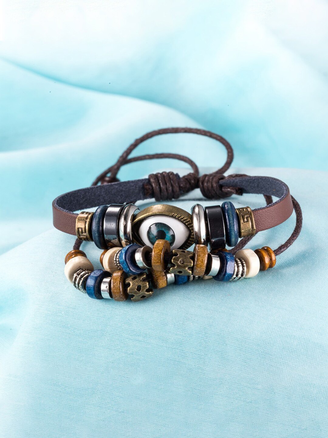 

Yellow Chimes Men Brown & Blue Leather Wraparound Bracelet