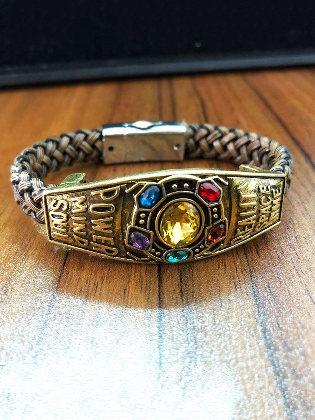 

Yellow Chimes Men Brown & Gold-Toned Crystal Leather Avengers Infinity Bracelet