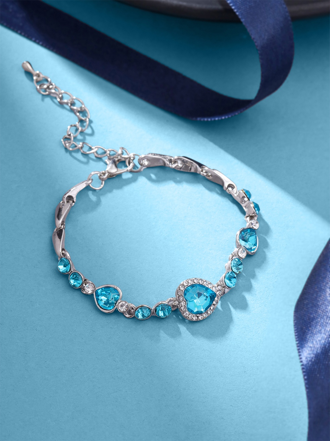 

Yellow Chimes Women White & Blue Crystals Rhodium-Plated Charm Bracelet