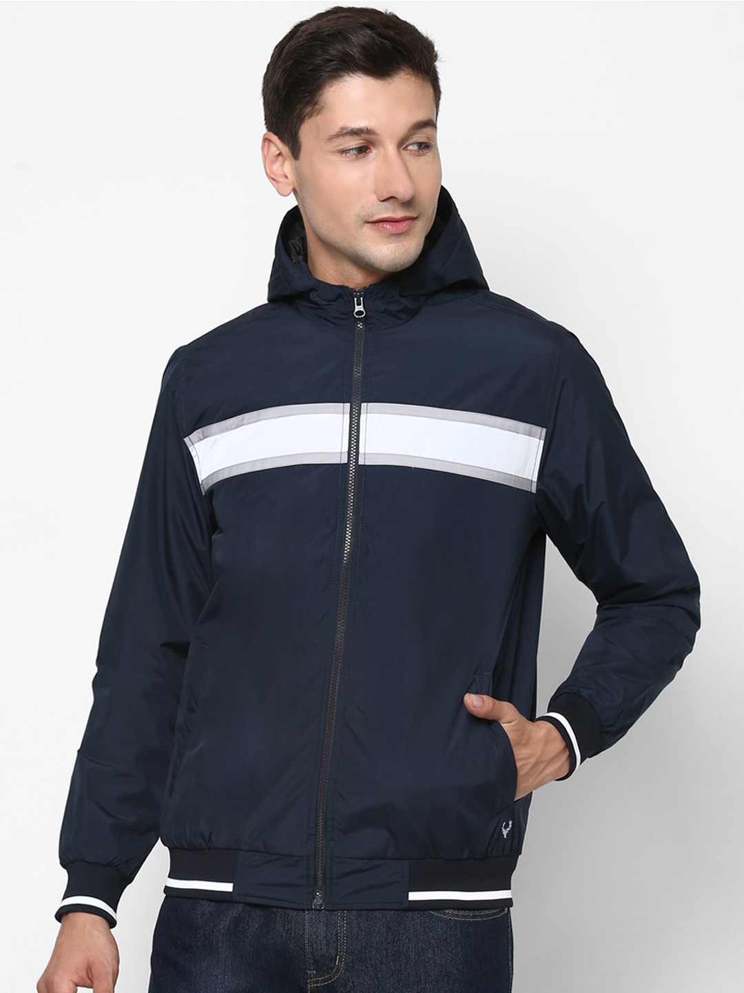 

Allen Solly Men Navy Blue White Striped Bomber Jacket