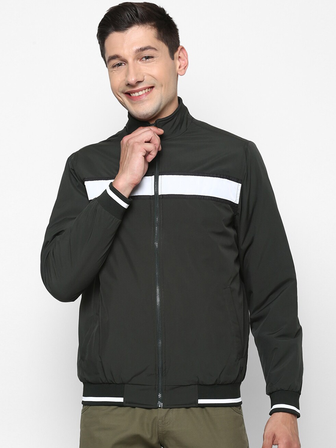 

Allen Solly Men Charcoal White Colourblocked Bomber Jacket