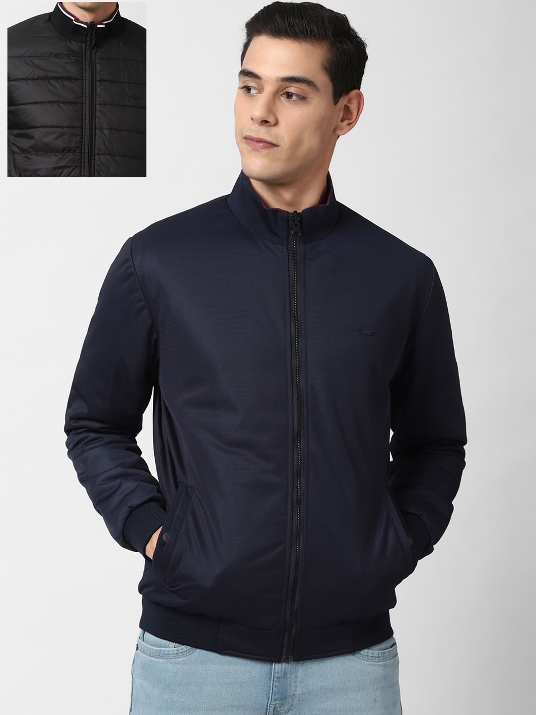 

Peter England Casuals Men Black Navy Blue Reversible Bomber Jacket