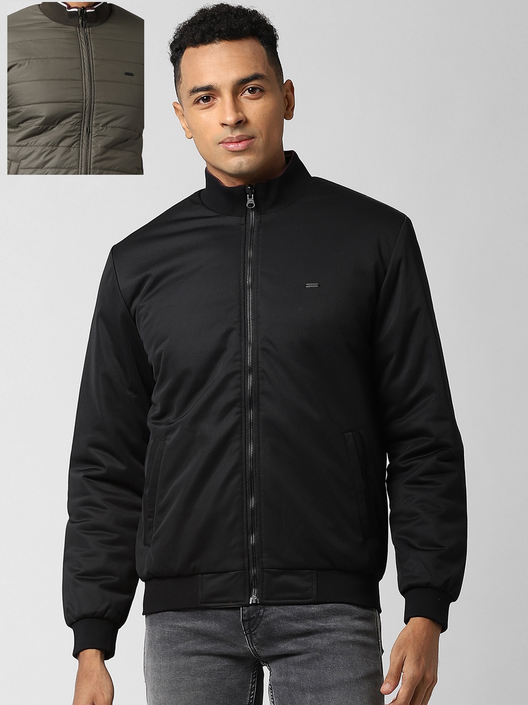 

Peter England Casuals Men Black & Olive Green Reversible Bomber Jacket