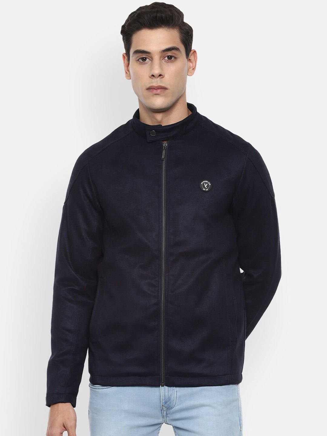 

V Dot Men Navy Blue Open Front Jacket with Embroidered