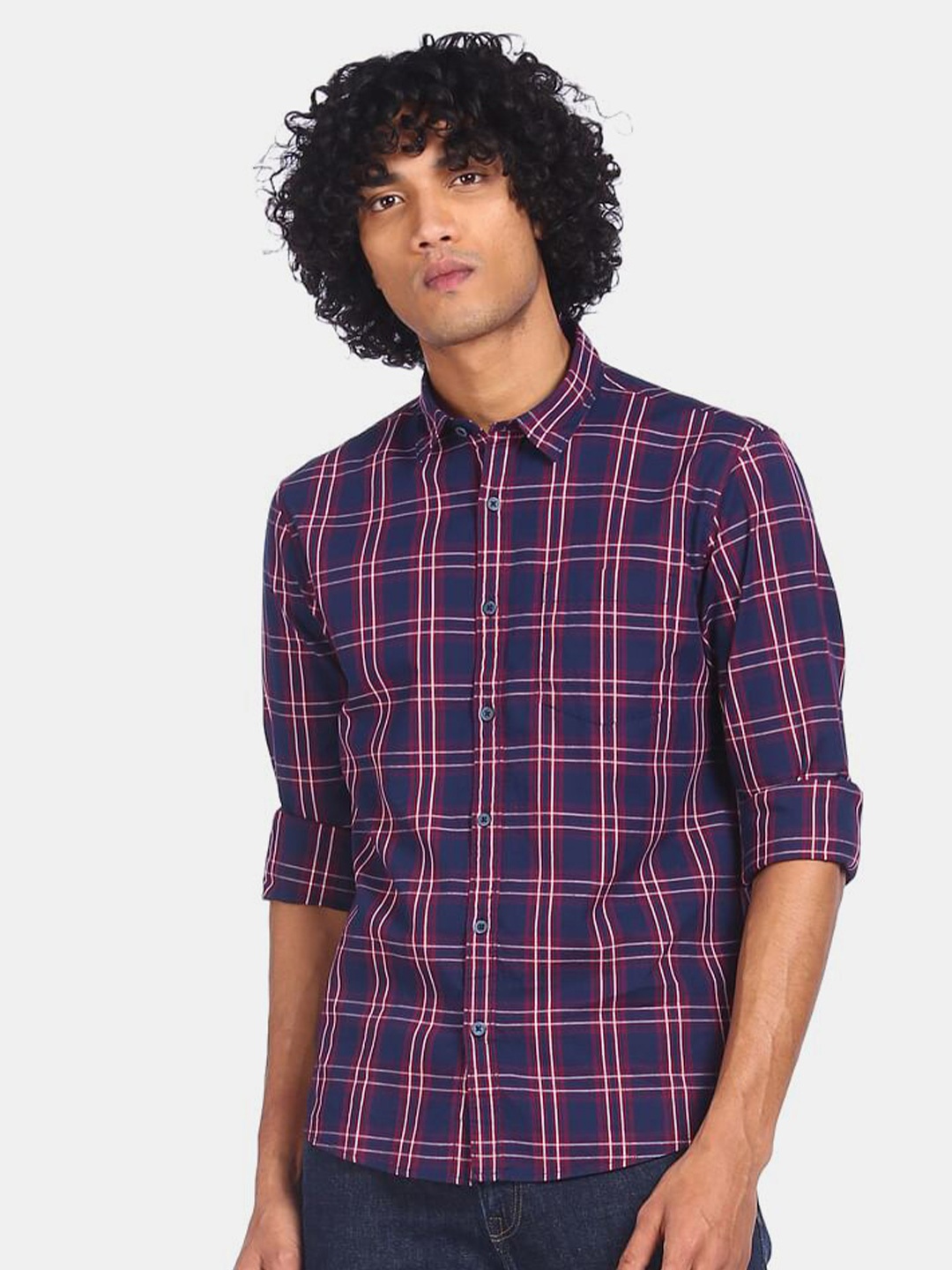 

Ruggers Men Blue Tartan Checked Casual Pure Cotton Shirt