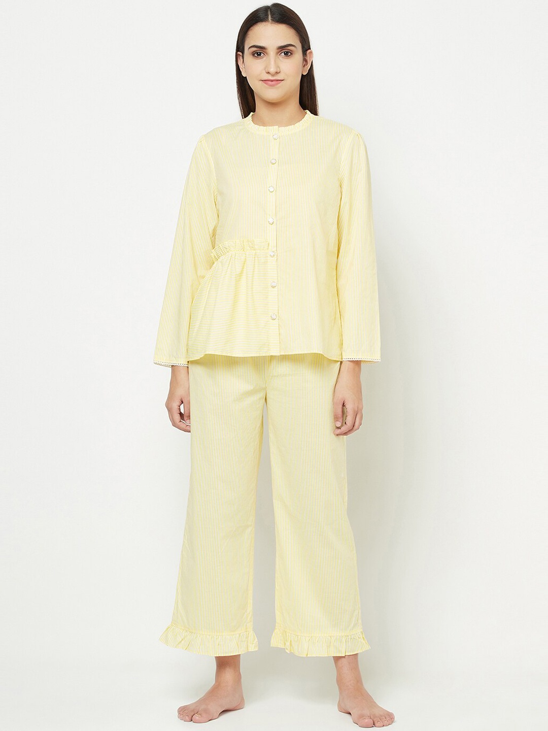 

BLANC9 Women Yellow & White Striped Frilled Pure Cotton Night Suit