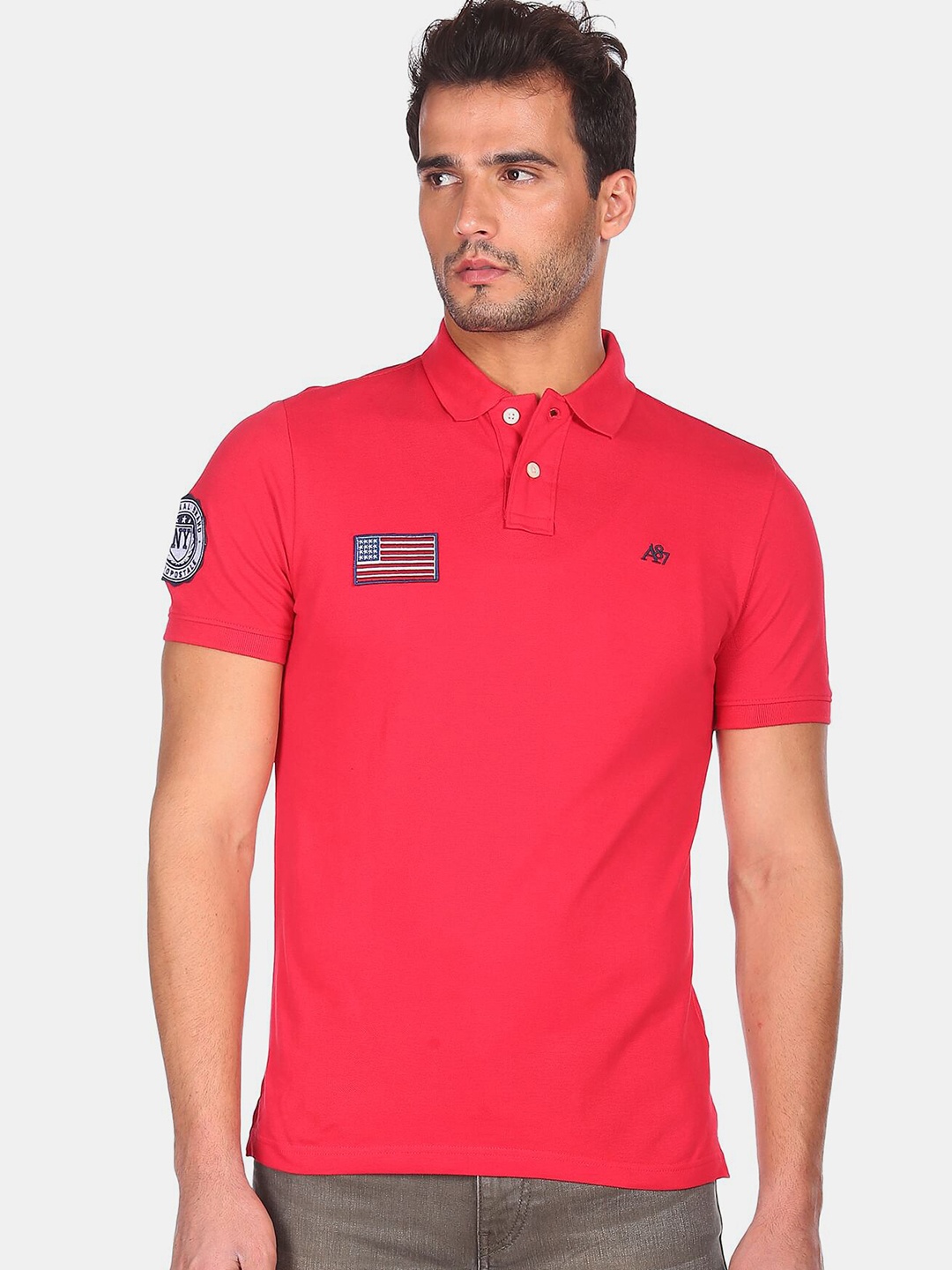 

Aeropostale Men Red Polo Collar Cotton T-shirt