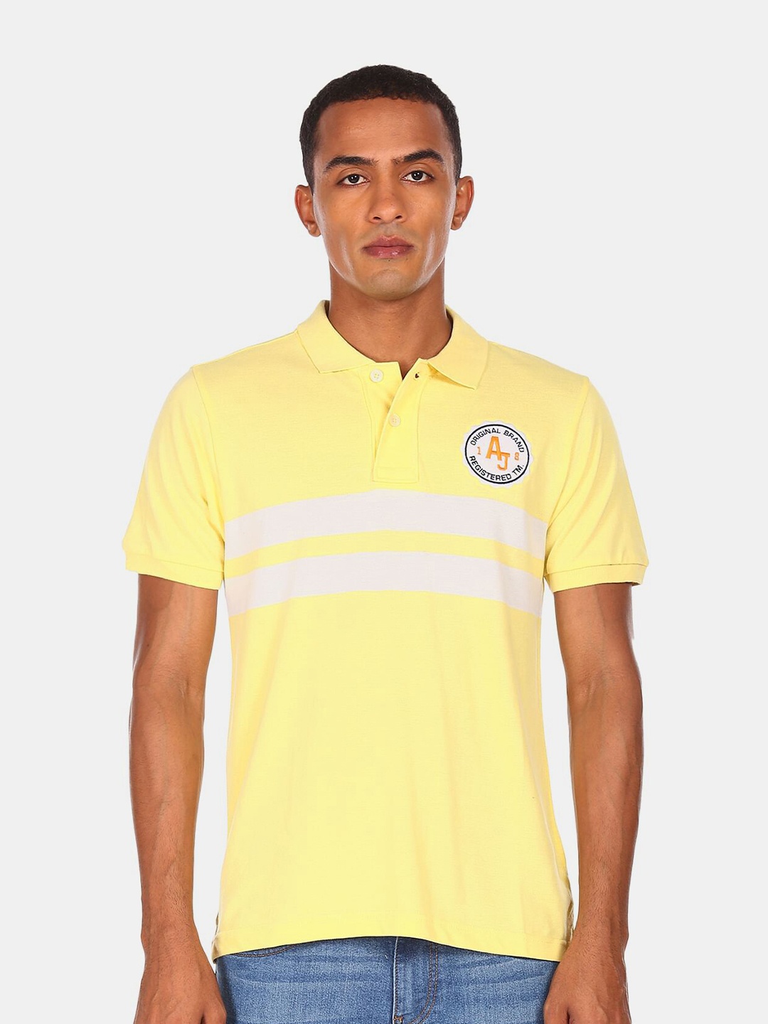 

Aeropostale Men Yellow Striped Polo Collar Applique T-shirt