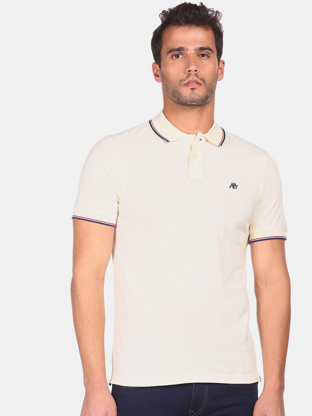 

Aeropostale Men White Polo Collar Pure Cotton T-shirt
