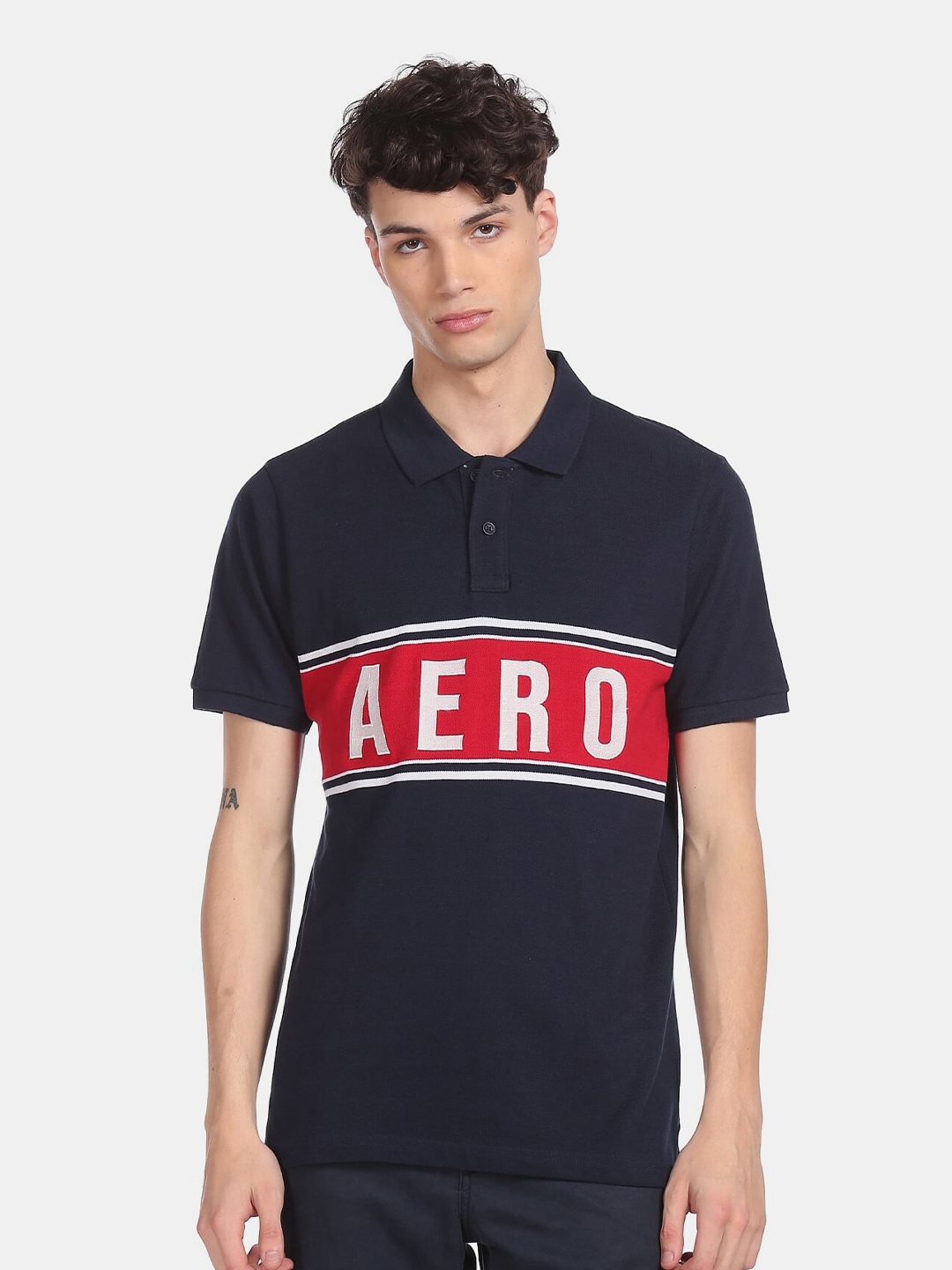 

Aeropostale Men Blue & dark sapphire Typography Polo Collar Applique T-shirt
