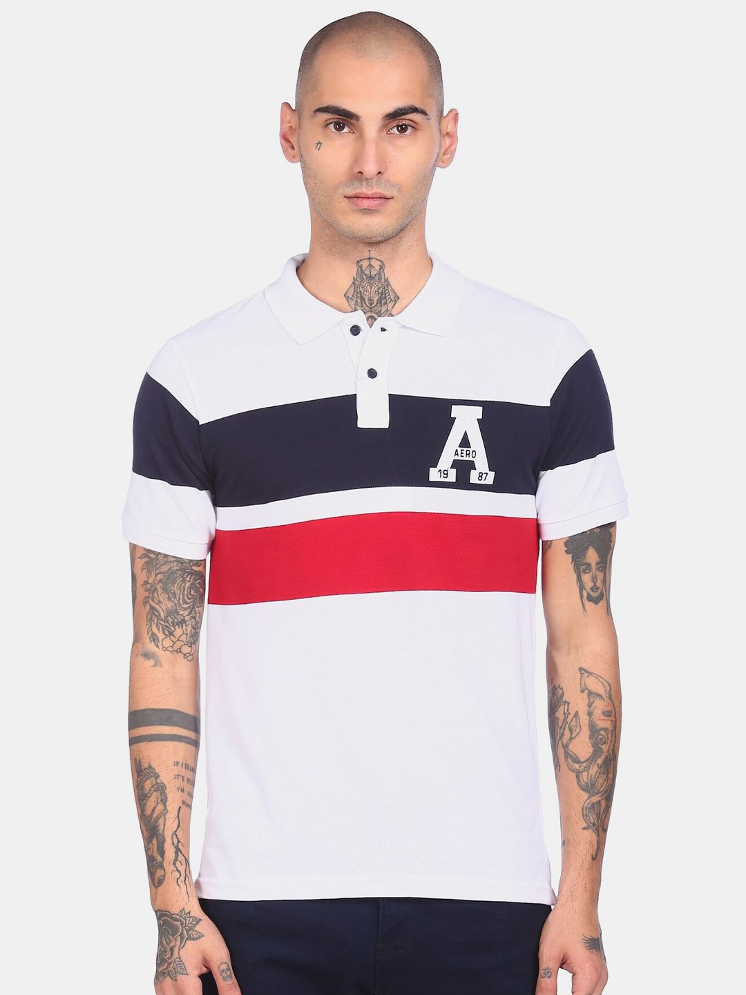 

Aeropostale Men White & bright gray Striped Polo Collar Pockets T-shirt