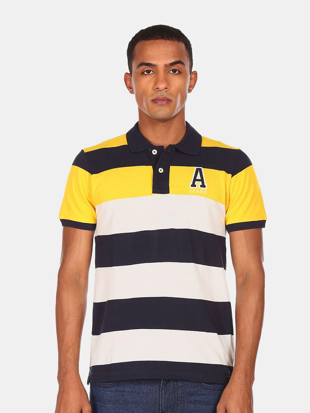 

Aeropostale Men Yellow Striped Pure Cotton Polo Collar T-shirt