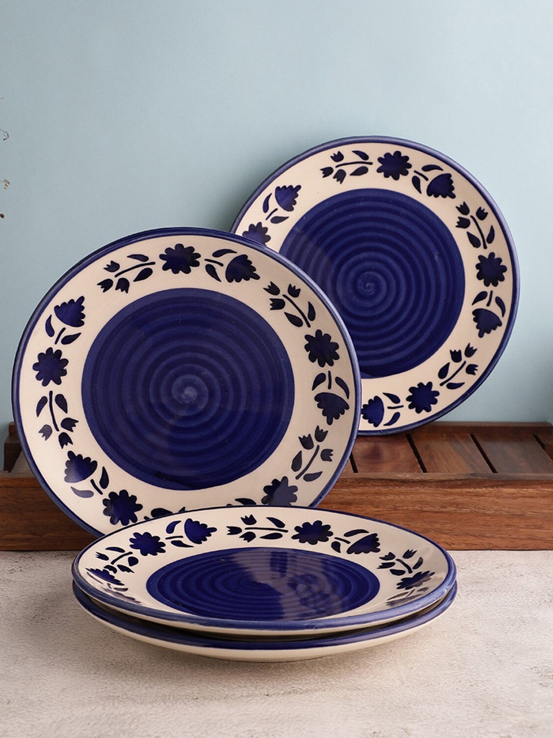 

The Decor Mart Set of 4 Blue Floral Printed Dishwasher Safe Quarter Plates