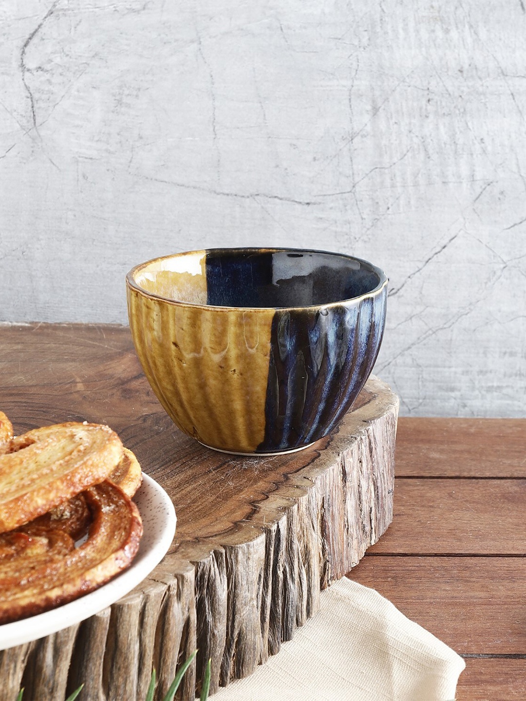 The Decor Mart Navy Blue & Mustard 1 Pieces Hand Painted Textured Ceramic Glossy Bowl