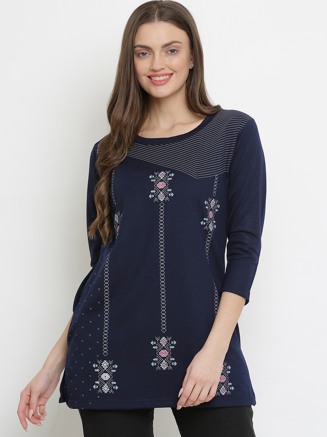 

Duchess Women Navy Blue Print Light Weight Winter Top