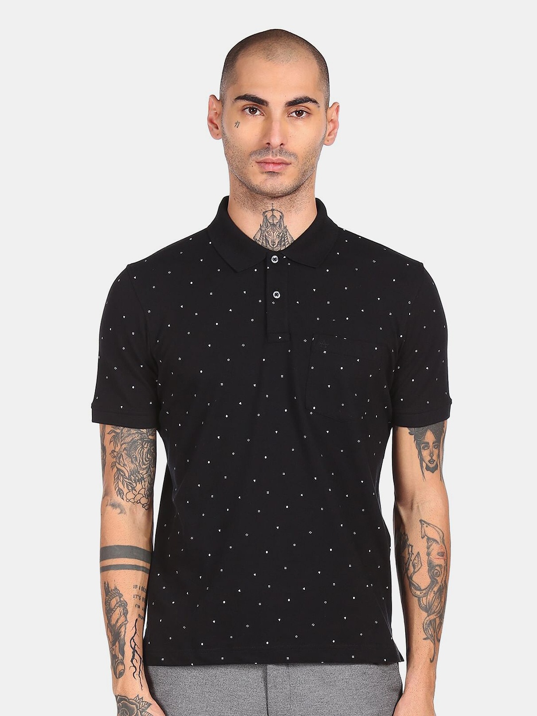 

Arrow Sport Men Black Printed Polo Collar Pockets T-shirt