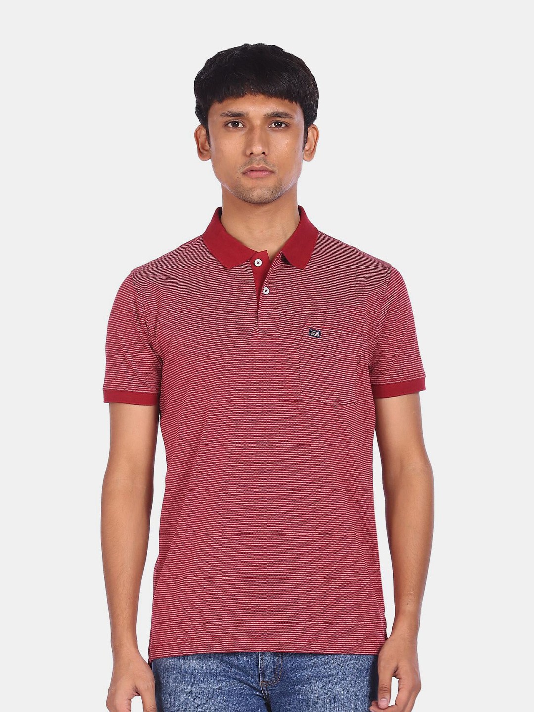 

Arrow Sport Men Red Striped Polo Collar Pockets T-shirt