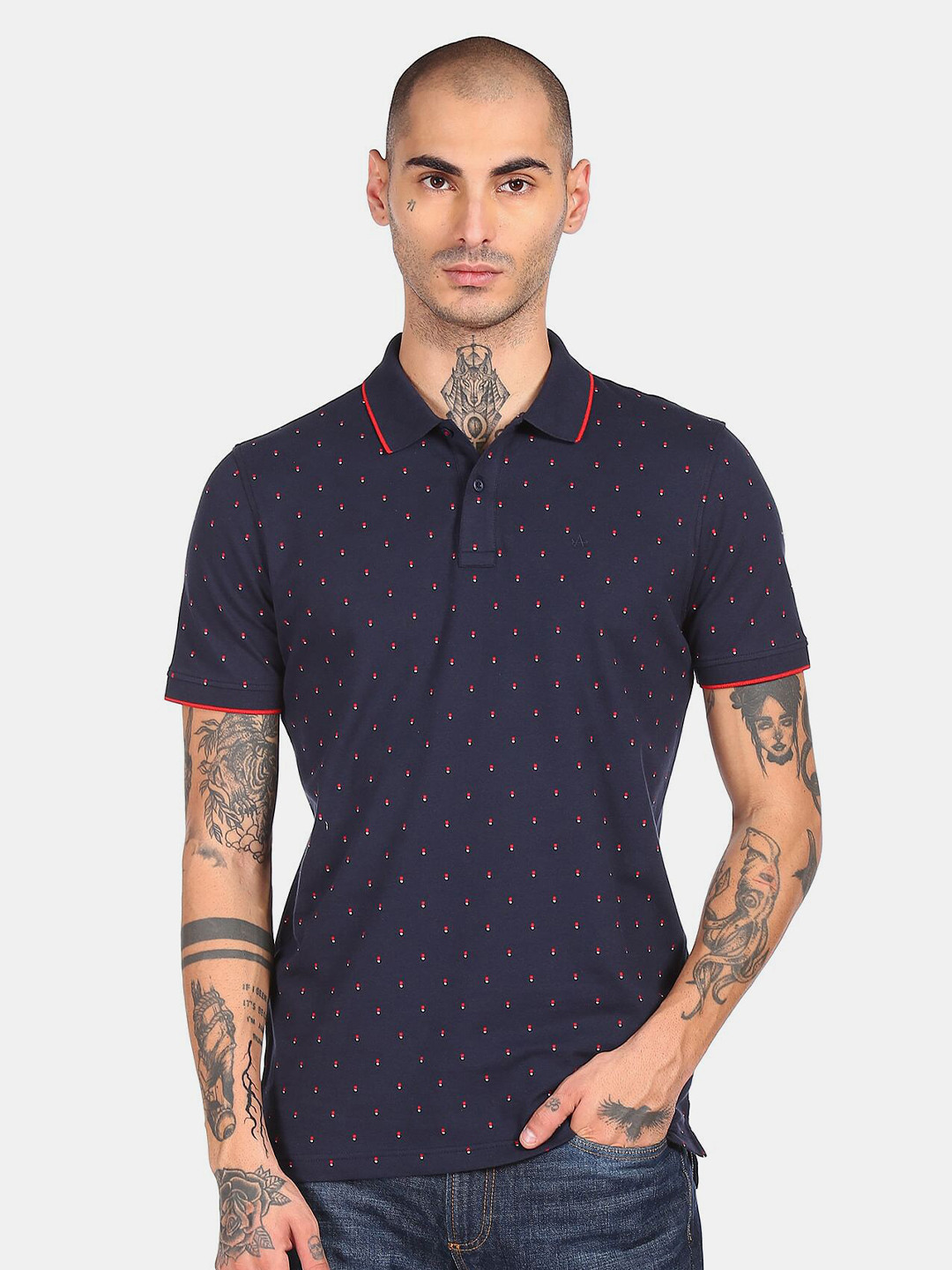 

Arrow Sport Men Navy Blue Printed Polo Collar Slim Fit T-shirt