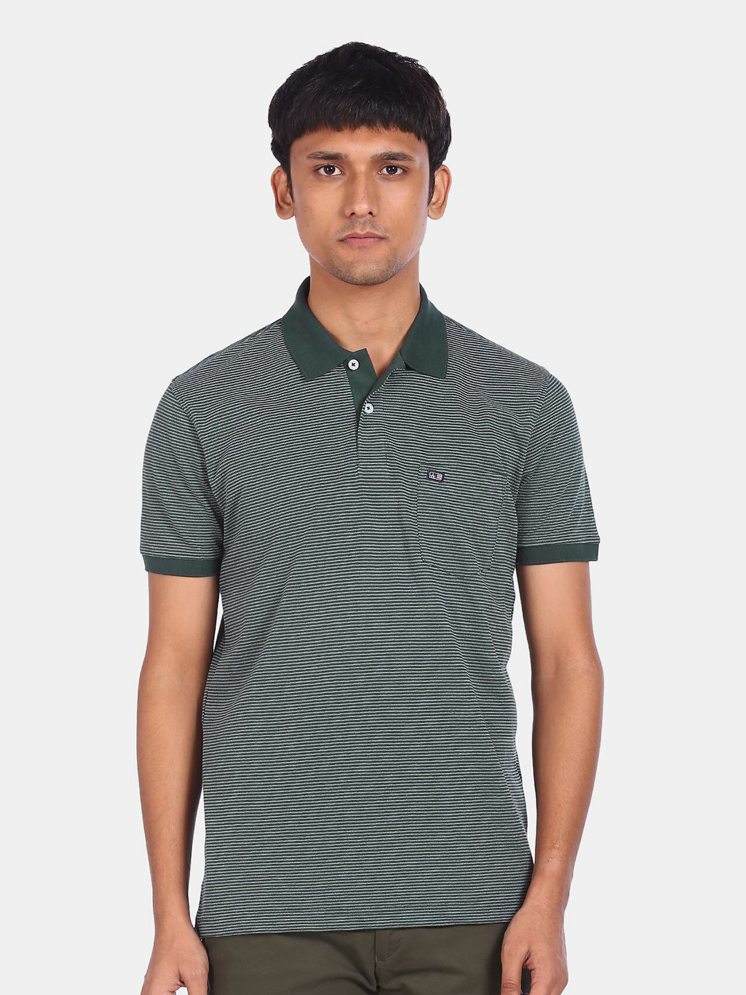 

Arrow Sport Men Green Striped Polo Collar T-shirt