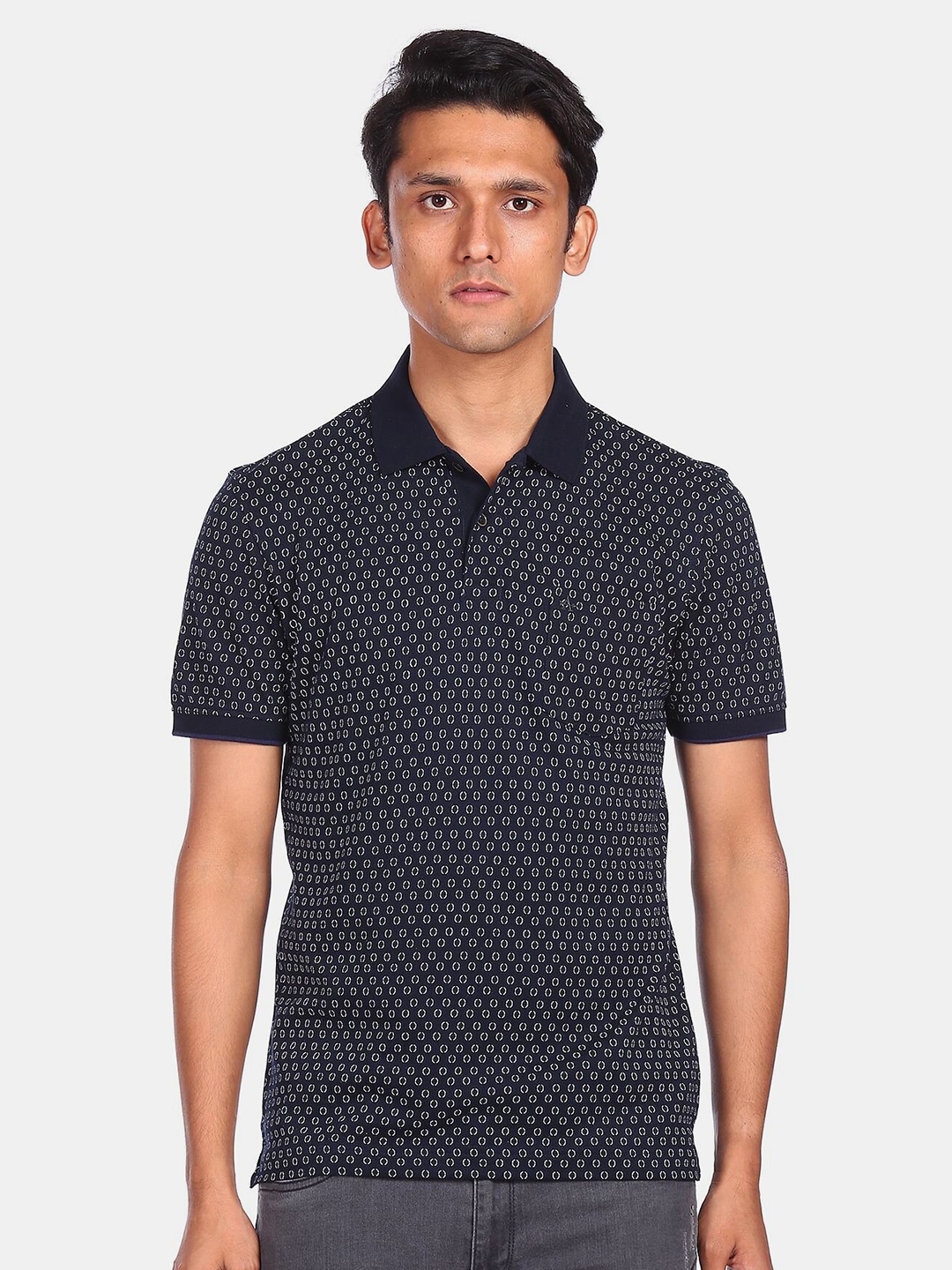 

Arrow Sport Men Blue Printed Polo Collar Pockets T-shirt