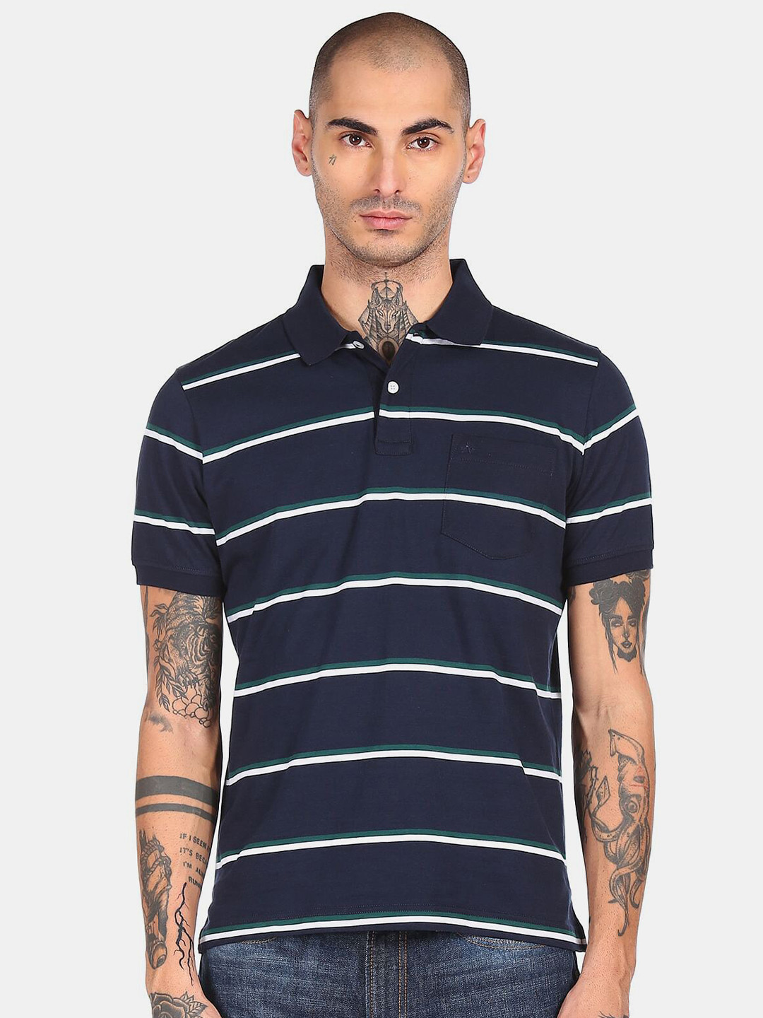 

Arrow Sport Men Blue & White Striped Polo Collar Pockets T-shirt